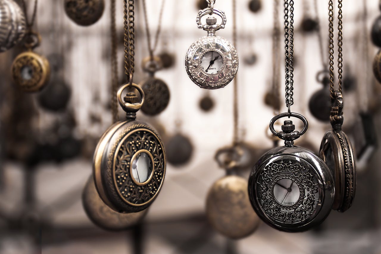 A mostly sepia-toned picture of dozens of dangling pocket watches