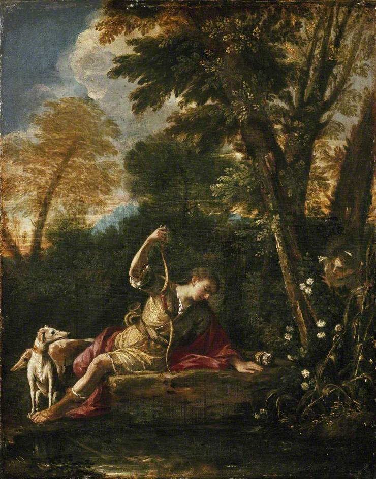 A baroque painting of a man staring into a pool of water, a dog at his feet. In the trees at the edge, a woman's face peeks out.
