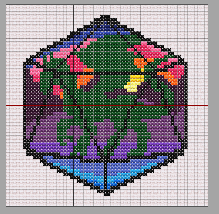 An image of the dragon die pattern. A D20 outline surrounds a green silhouette of a dragon, holding up its wings and tail, with a sunset behind mountains in the background