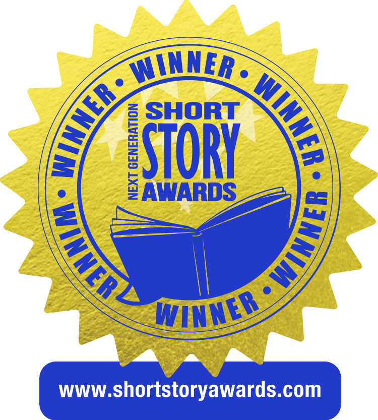 Gold sunburst medallion with blue text in a circle reading "Winner" multiple times. Inside circle/text bubble in similar blue is the silhouette of a book and the words Next Generation Short Story Awards